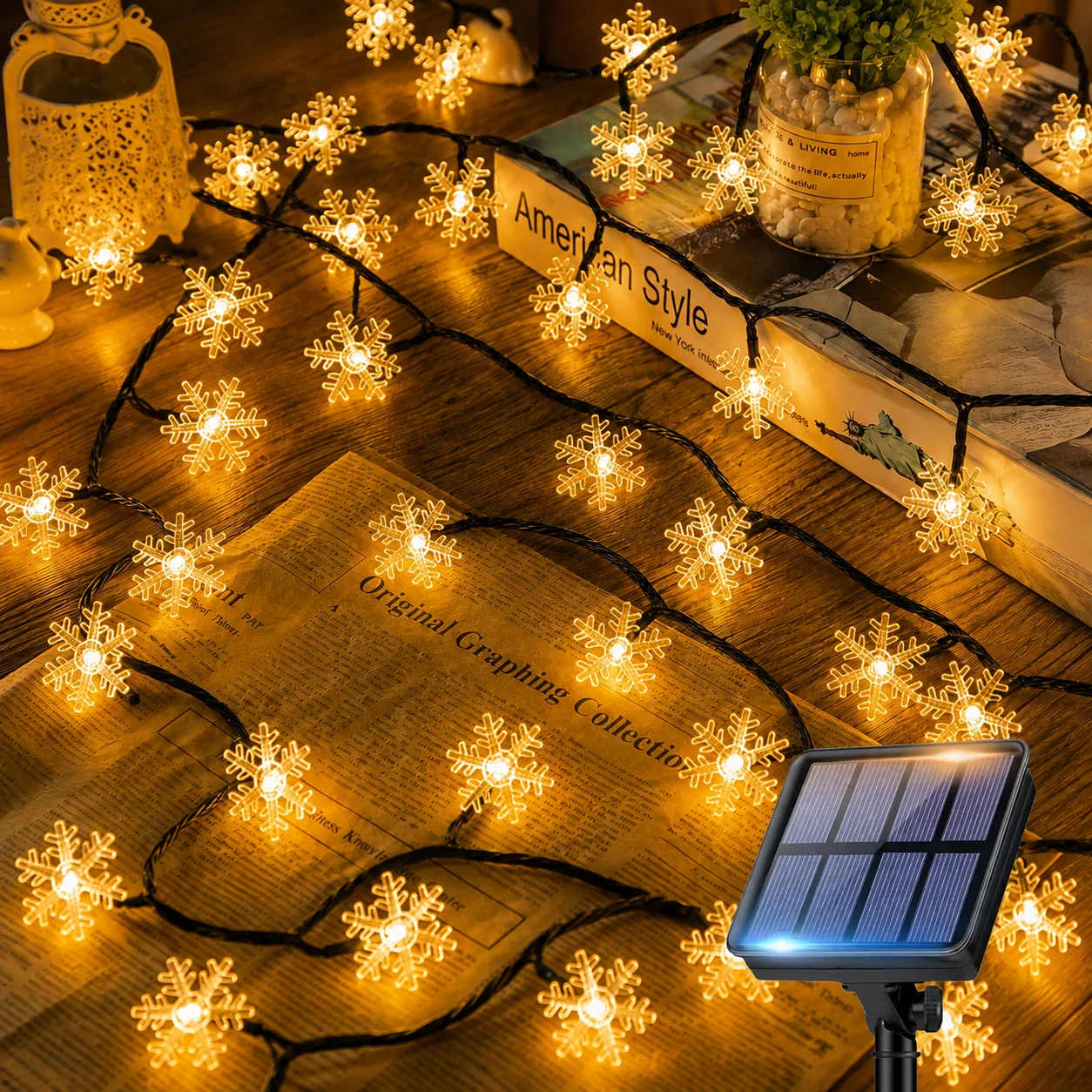 Christmas Snowflake String Lights Solar Powered 5M/7M/12M 20/50/100LED 8 Modes Auto On for Garden Patio Yard Holiday Decor