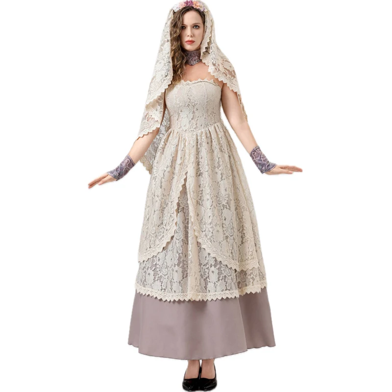 Adult Dead Bride Cosplay Costume High quality Floral Lace Ghost Corpse Bride Long Dress and Veil Women Halloween Party Outfits