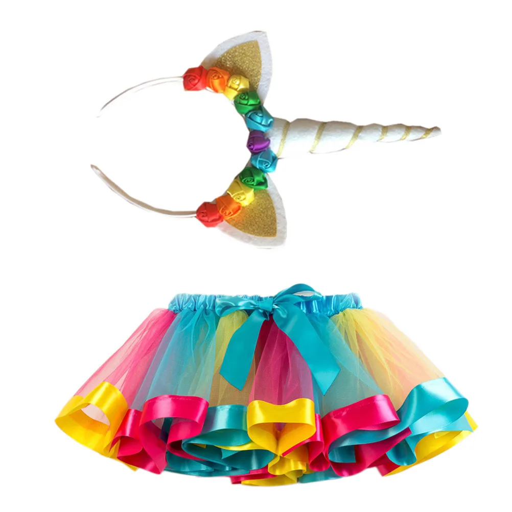 Kinder-Regenbogen-Einhorn-Tutu-Rock-Set, himmelblau, gestufte Rüschen, elastische Taille, Schleife, Band, perfekt für Karneval, Ballett, Party, Tanz