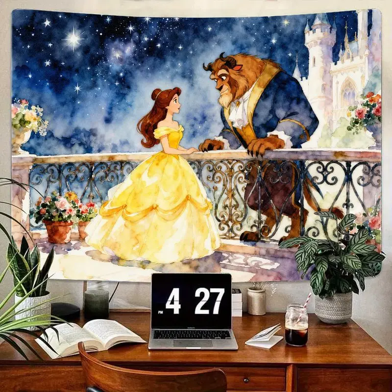 

1 шт. Фэнтезийный гобелен «Красавица и чудовище», «Принцесса Белль», акварель, «Звездная ночь», замок, эстетическое настенное искусство, полиэстер, домашний декор G