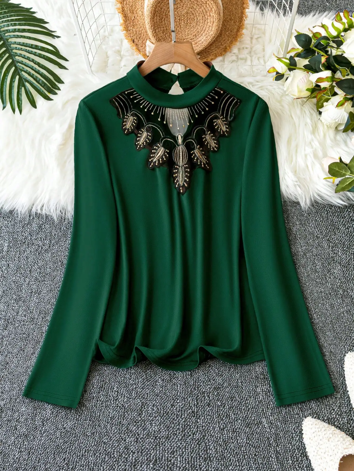 Women's Plus Size Mock Neck Lace Embroidered Top, Hollow Out Back Button Elegant Stretch Long Sleeve Blouse
