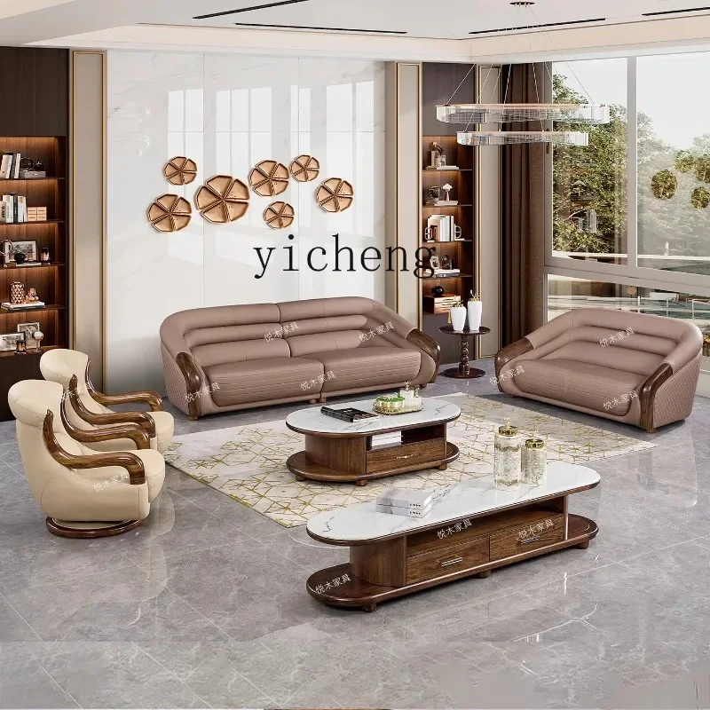 Ebony Wood Genuine Leather Sofa Large Living Room Solid Wood Leather Art Sofa Set