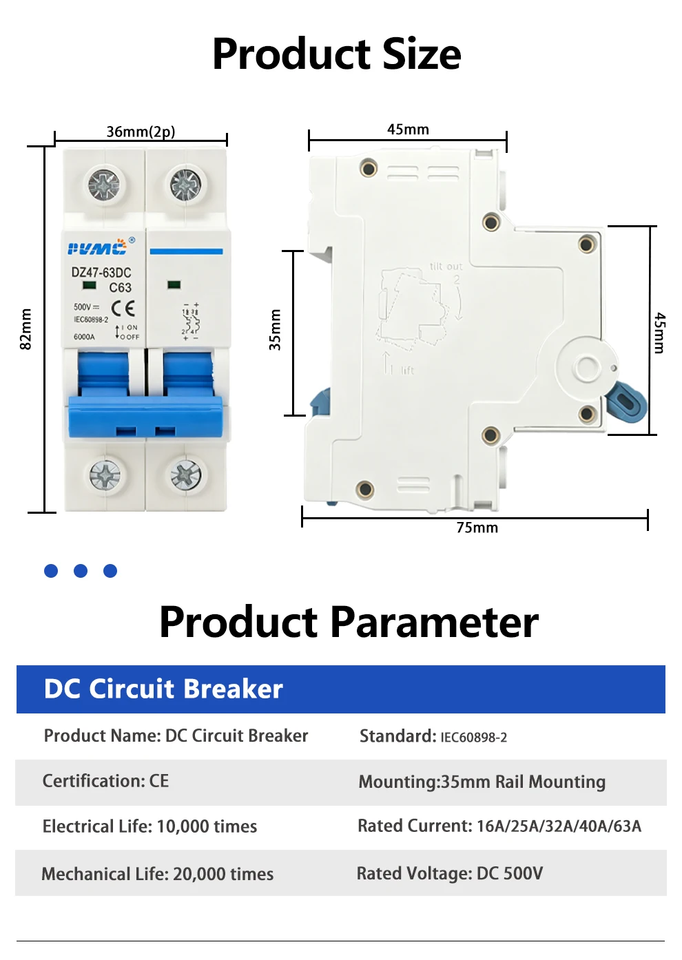 2-poliger DC Mini-Leistungsschalter DZ47-63DC C63 63A 500V DC MCB Solar-PV-System Trennschalter Überstromschutz Luftschalter – Detail 2