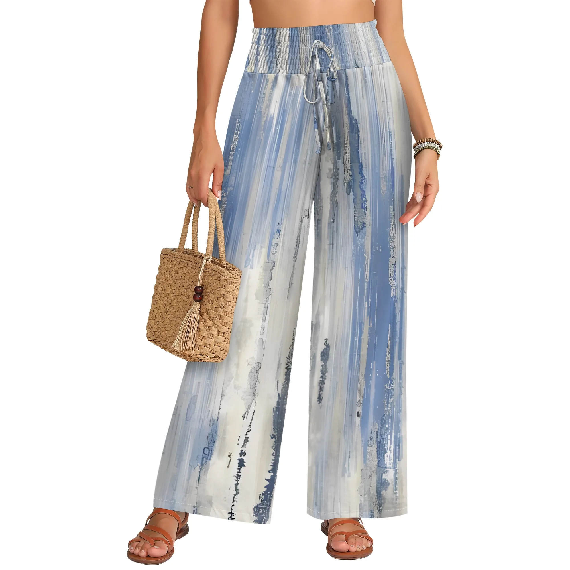 Nupusa Abstract Print Pants for Women Standard Size Summer Casual High - Waist Wide Leg Pants