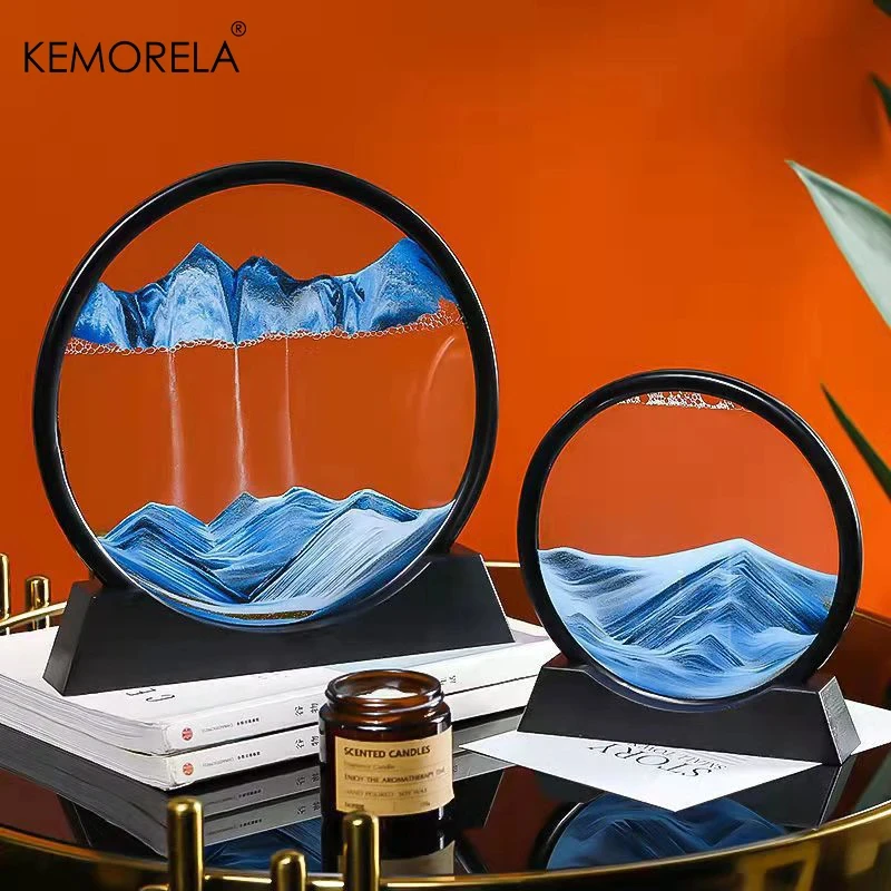 3D Moving Sand Picture 7 Inch Round Glass Ocean Sandscape Hourglass Quicksand Craft Flowing Sand Painting Office Home Decor Gift