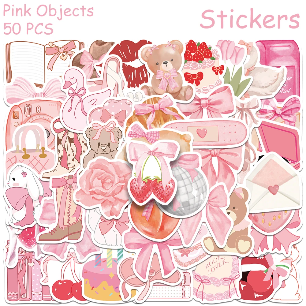 50pcs Pink Objects Butterfly Bread Stickers Decals For Laptop Bottle Notebook Skateboard Helmet DIY Graffiti Aesthetic Stickers