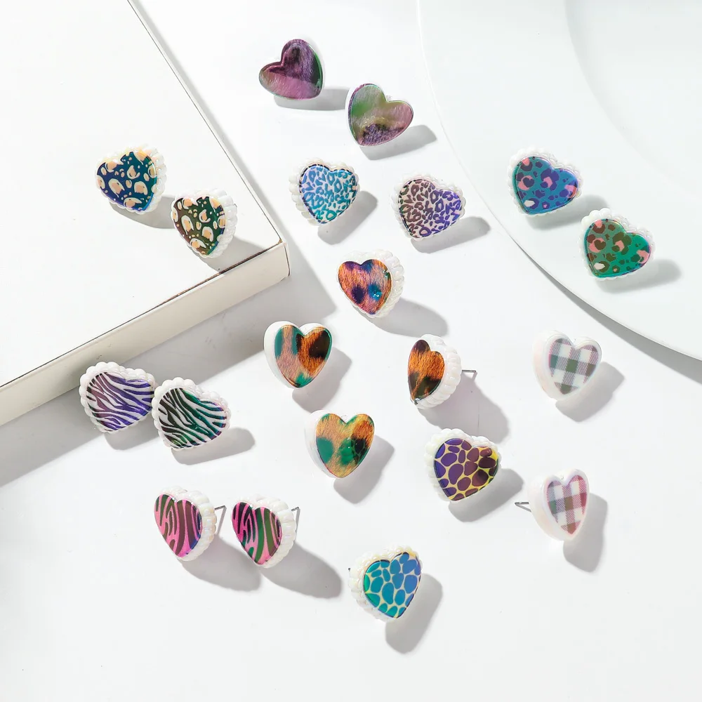 3 pasang/Set anting kancing akrilik hati macan tutul untuk wanita baru warna metalik kecil cinta persik anting perhiasan hadiah Hari Valentine