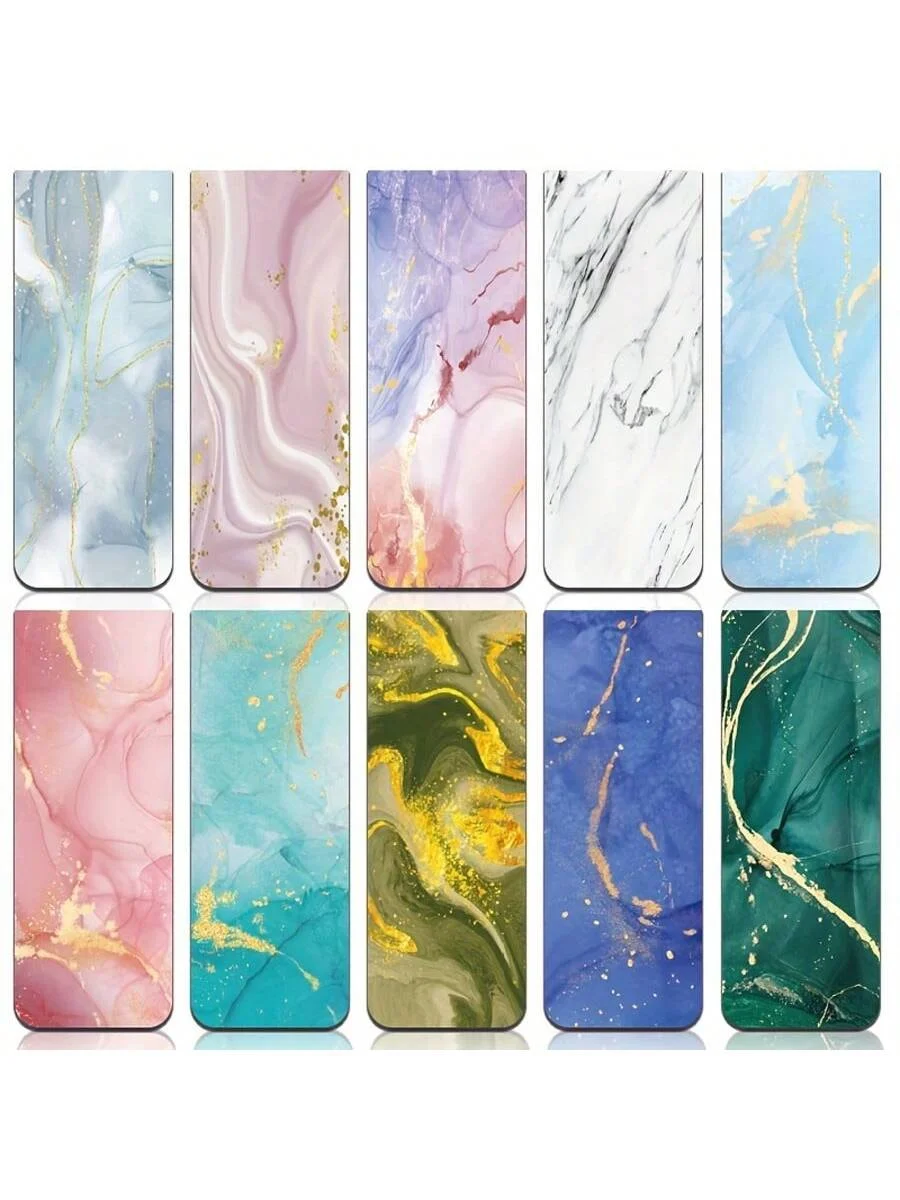 10pcs Assorted Marble Design Magnetic Bookmarks - Durable Page Markers for Readers, Students, Teachers & Office Use