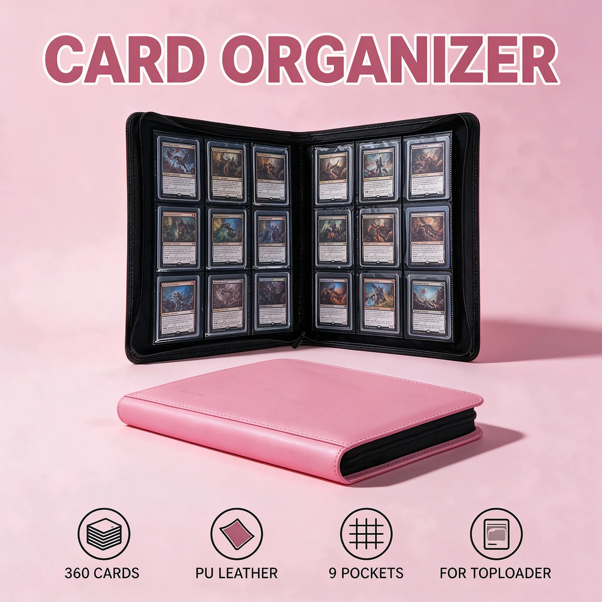 PU Leather 35PT Toploader Zipper Card Binder 4/9 Pocket 160/360 Slots Acid Free for Pokemon Sports PTCG Trading Cards Album
