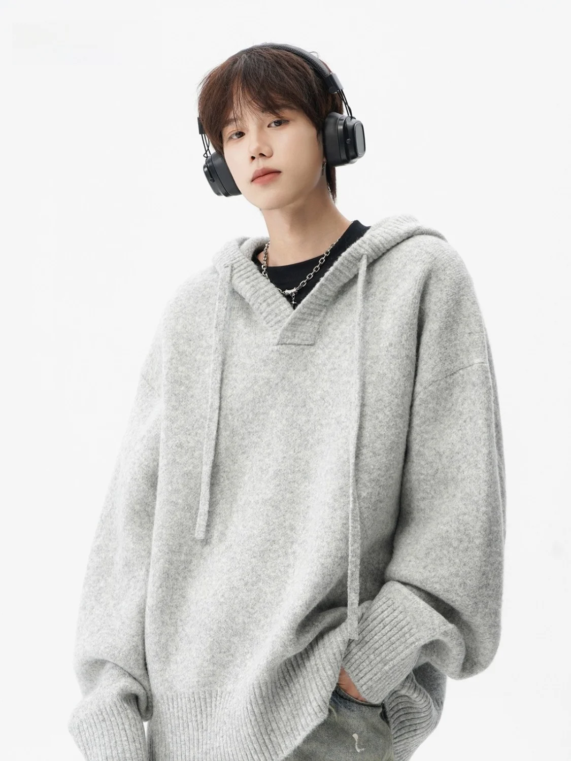 

Korean Sle Simple High-End Dstring Hoodie Knitted Sweater ex Autumn Winter Loose Casual Versatile Faionable Sweater