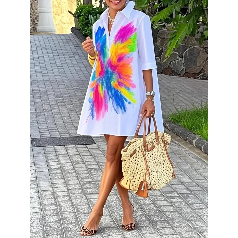 Tinaa Office Lady Plus Size Dresses 2025 Spring Autumn Print Turn Down Collar Half Sleeve Loose Casual Shirt Dress Lady 183408