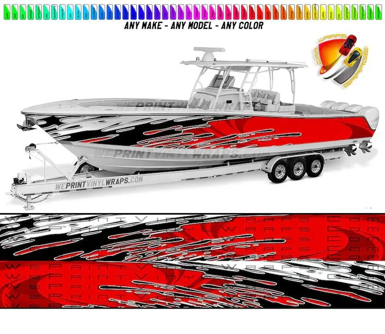 Red Black and White Splattered Graphic Vinyl Boat Wrap Decal Fishing Pontoon Sportsman Console Bowriders Deck Boat Watercraft Al