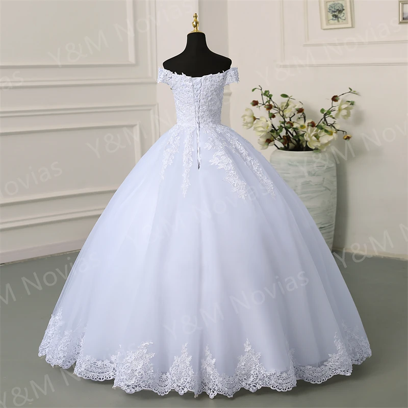 Y&m Novias Fashion Classic White Ivory Sweetheart Wedding Dresses Plus Size Cap Sleeve Lace Applique Edge For Brides Gowns