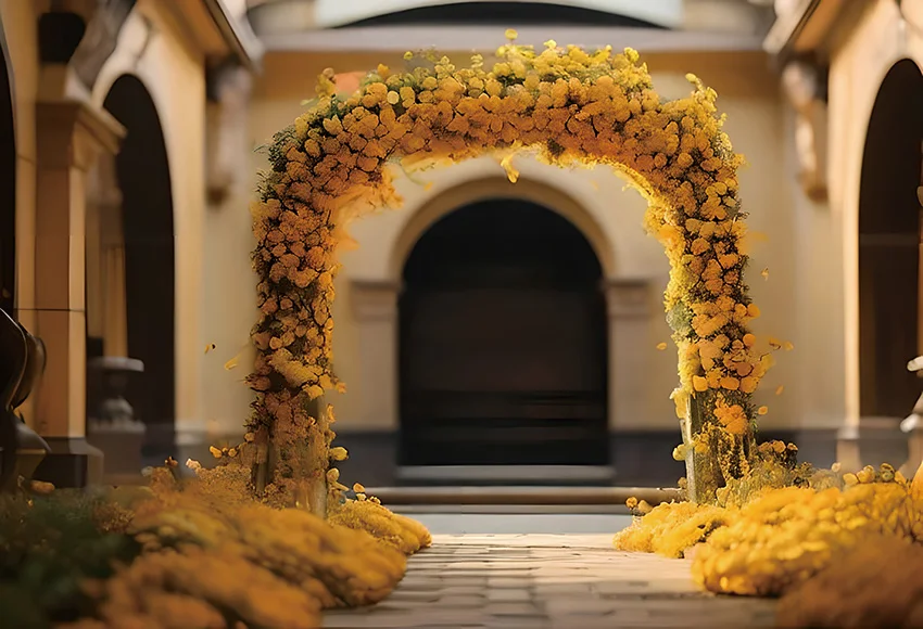 Mehofond Arch Door Background Yellow Flower Garden Wedding Decor Maternity Portrait Girl Birthday Backdrop Brick Floor Backdrop