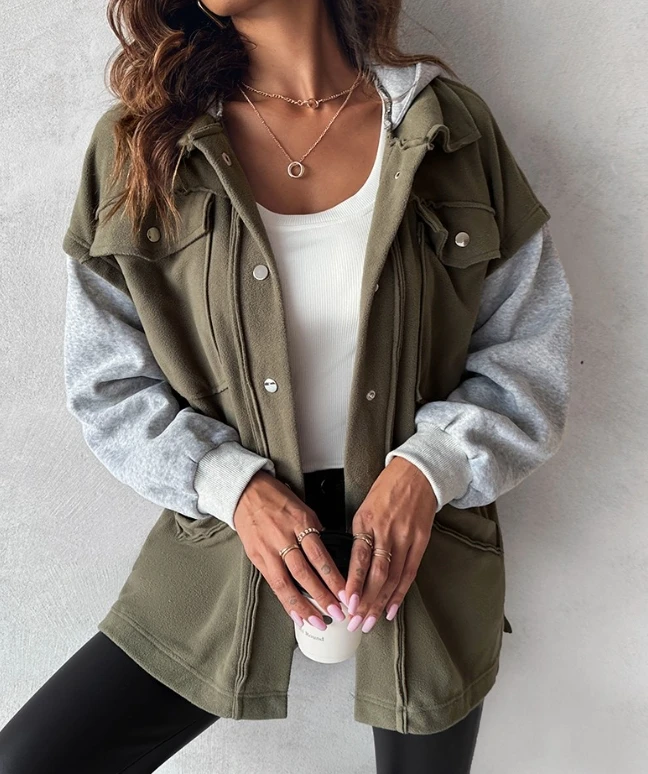 

Jackets for Women Autumn Fashion Colorblock Pocket Design Buttoned Casual Long Sleeve Daily Hooded Jacket Coat Y2K Streetwear