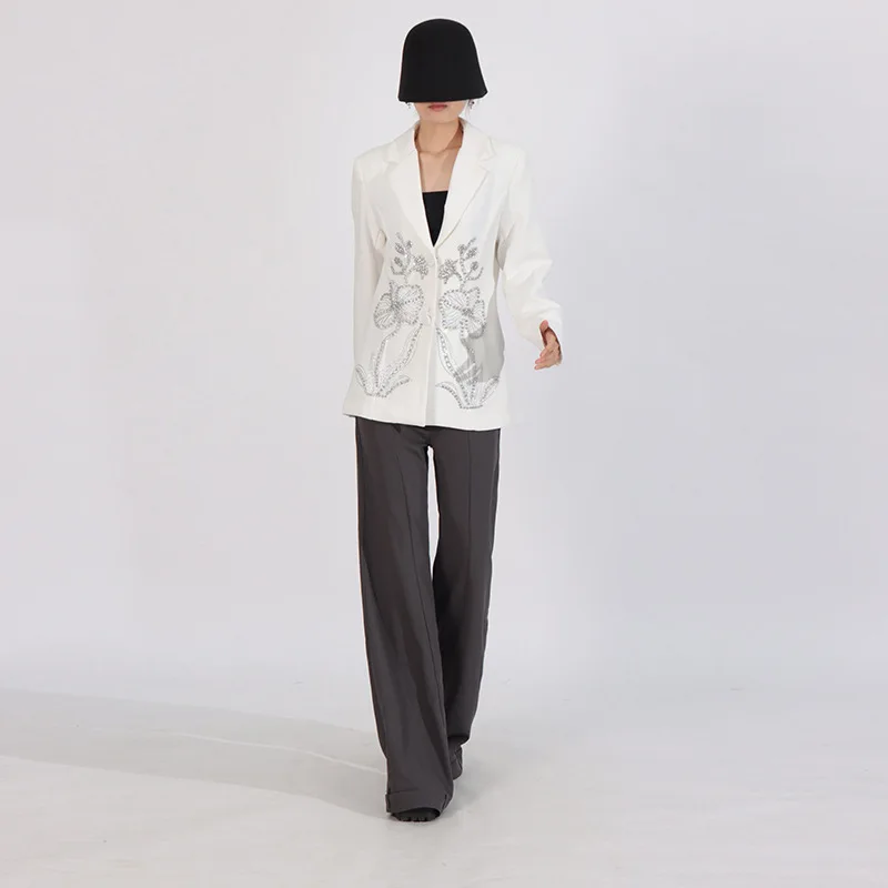 Elegant High-End Versatile Commuter Office Lady Suits Heavy Industry Diamond Beaded Flower Single-Breasted Black Blazers Women