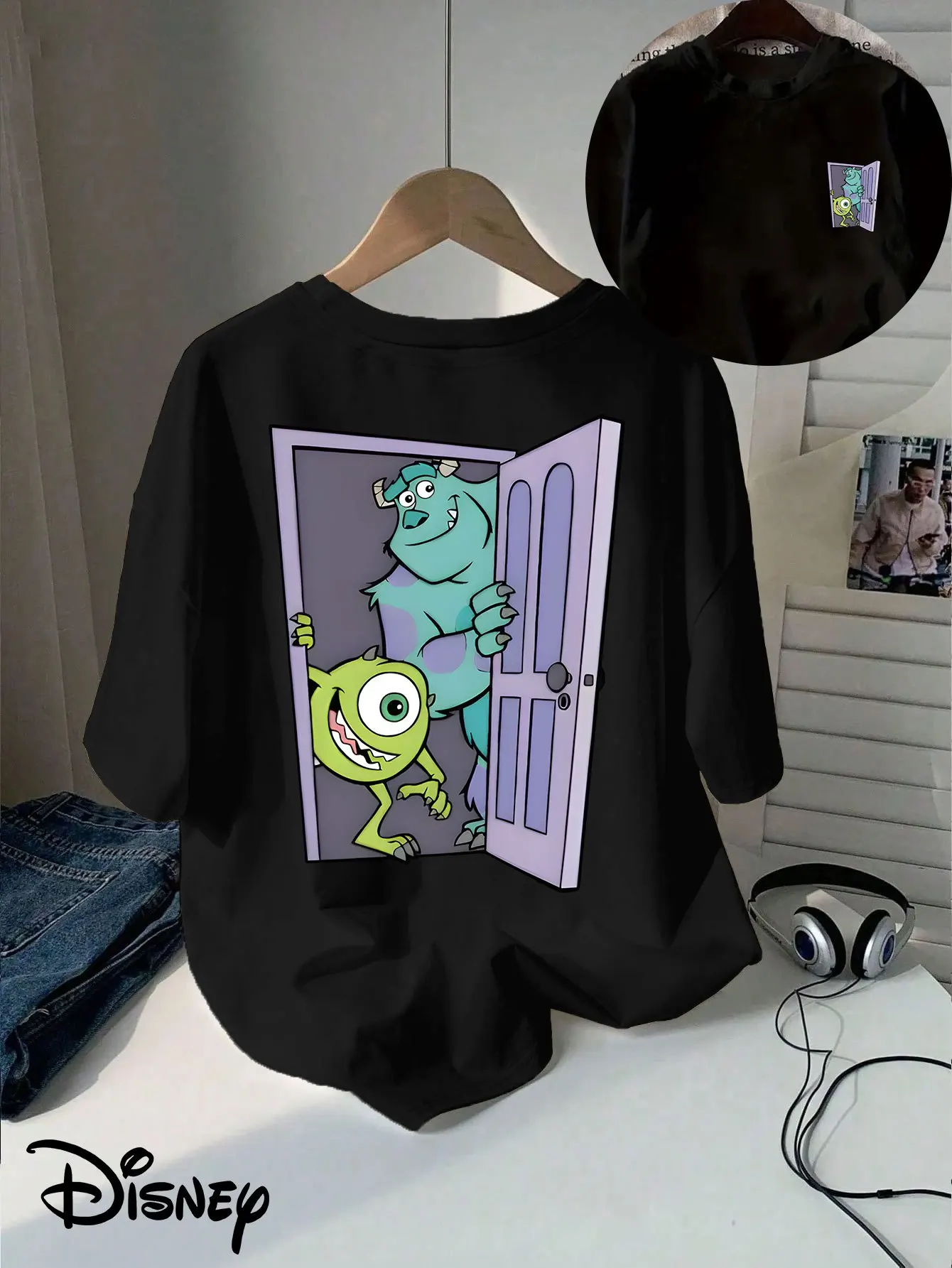 

Cartoon Disney - Double sided printed Sulley and Mike men's and women's T-shirts behind the door, sports and leisure cartoon