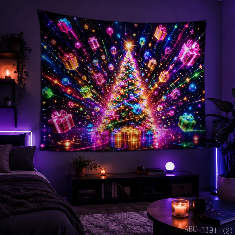 VIKAMA Cyber Neon Laser Spiral Christmas Tree Explosion Gift Box Christmas Tapestry HD Background Wall Room Decoration