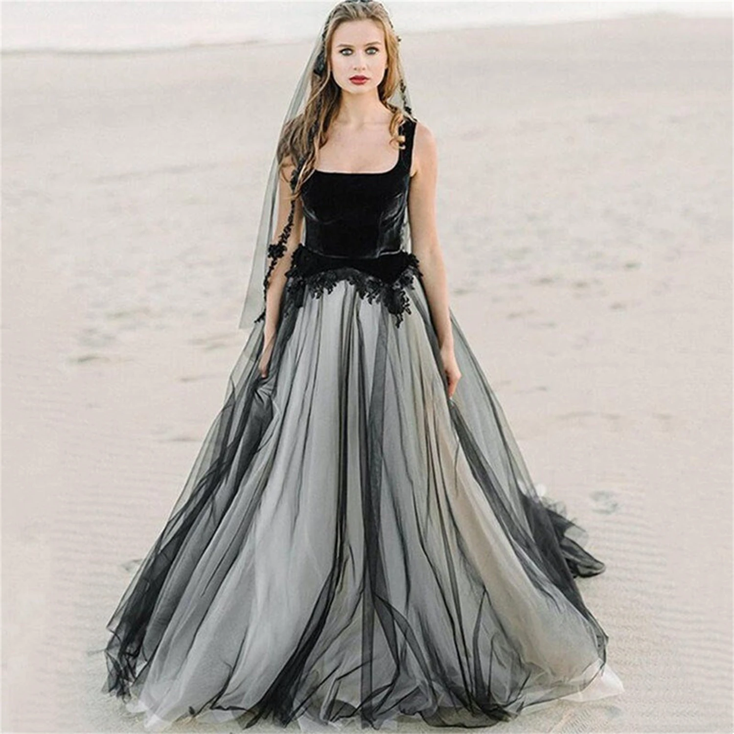 Gothic Wedding Dress Long Dresses for Wedding Party Dress Women Elegant Luxury Evening Dresses customized Square Collar Lace