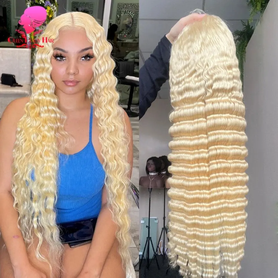 13x4 Lace Forehead Human Hair Wig 180 Density Blonde 24 40 Inch 613 Blonde  Deep Wave Glueless Curly Hair  Women Human Hair Wigs