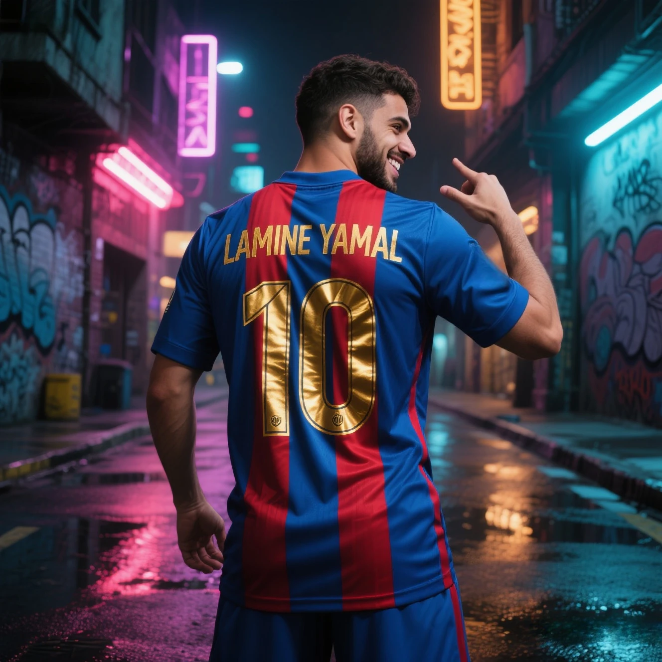 

Lamine Yamal #10 Jersey - Blue & Red Stripes Gold Print Neon Street Art Soccer Fan Wear Size for Adults and Children