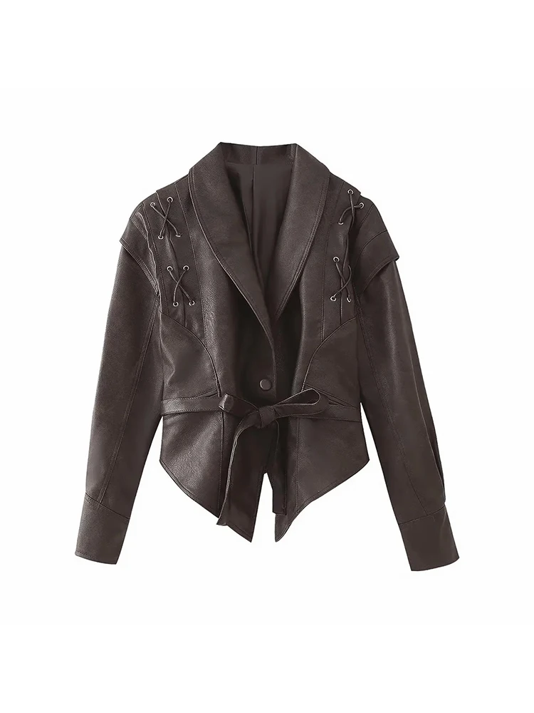 New Leather Bomber Jackets Women With Belt Notched Shoulder Pads Motorcycle Street Chic Short Outwear Solid Lace Up Lady Coat