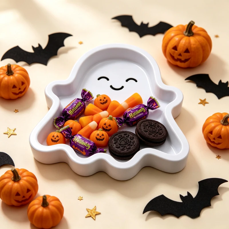 Cute Ghost Shape Tray Halloween Decorative Storage Dish, Smiling Ghost Trinket Holder for Rings  Small Items Desktop Home Decor