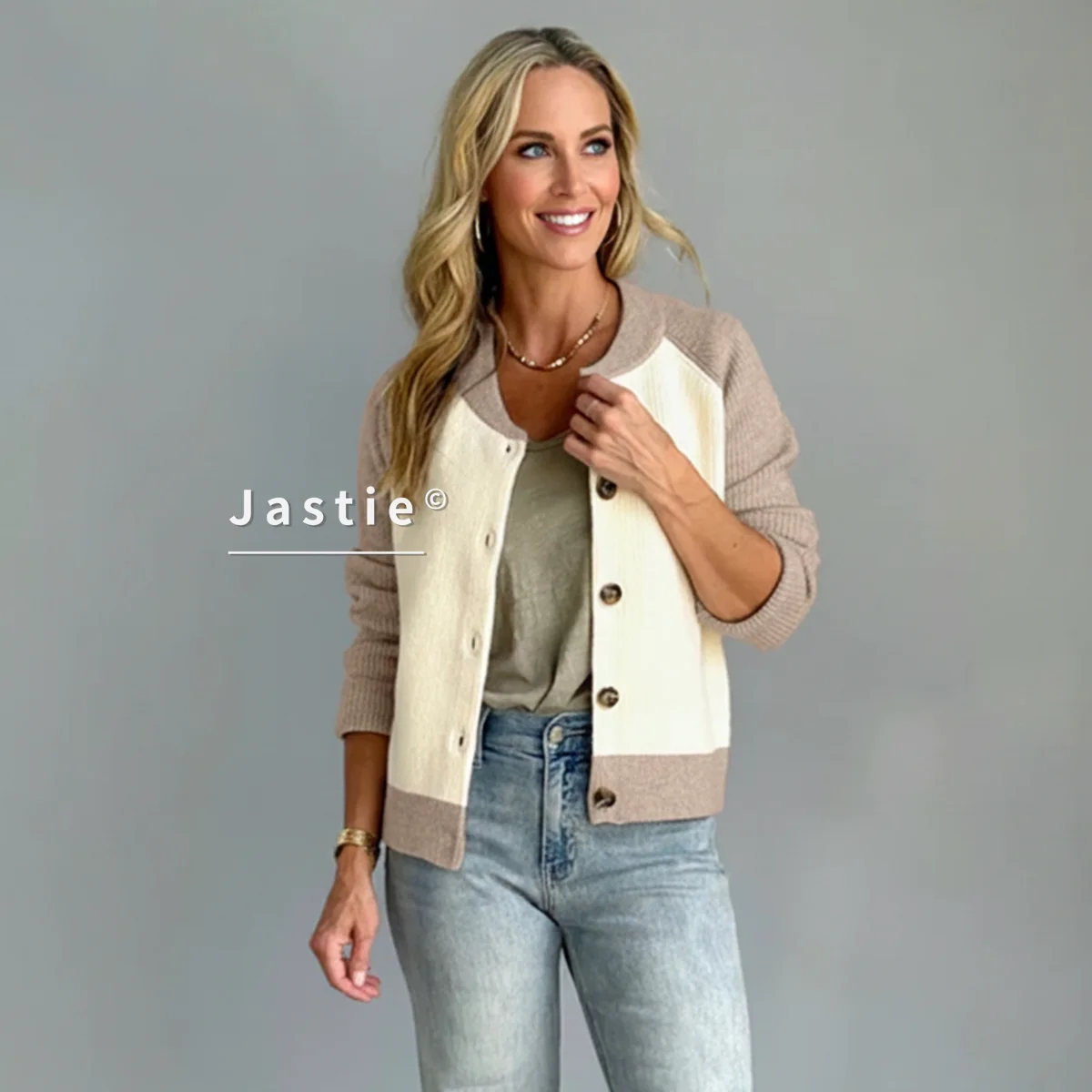 

Женский бежевый и кремовый бейсбольный кардиган в рубчик с контрастными вставками и пуговицами, повседневный свитер с длинными рукавами, куртка для повседневной одежды