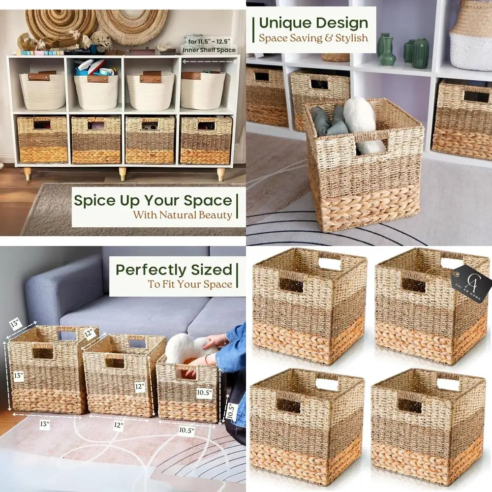 

11 Inch Cube Storage Bins, Wicker Storage Baskets for Cube Shelf, Natural Foldable Square Baskets for Storage, Large Woven Stora