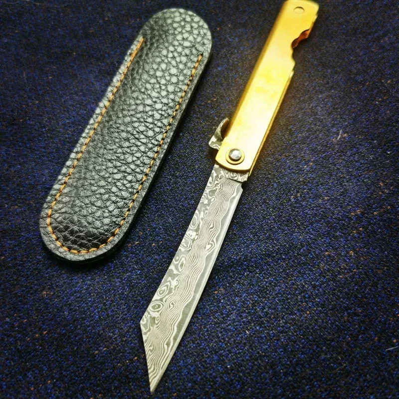 EDC 2024 Portable Fishing Outdoor Tools Damascus Mini Self Defense Tactical Copper Handle Manual Folding Knife