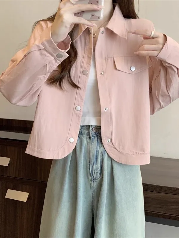 

Slimming Bla Long Sve irt Jaet Women's Color Outerwear Cardigan Sle Commute Faion Korean Loose Fit Button up