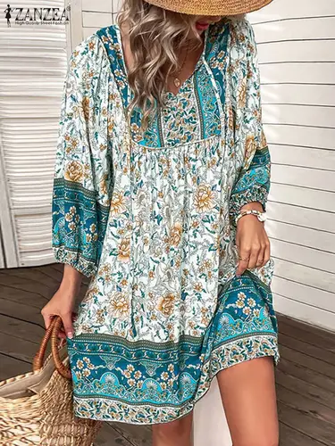 ZANZEA-vestido de verano con estampado Floral para mujer, traje bohemio de manga corta con cuello en V, holgado, Estilo Vintage, elegante e informal, para vacaciones y playa