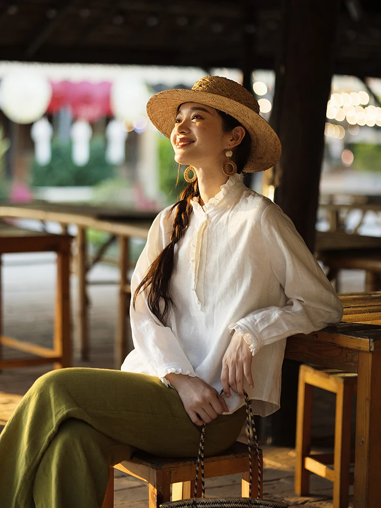 

Flowering 106 Dry Cleaned Linen Lace Trim Shirt Women Summer New Style Half Open Collar Long Sleeve Loose Fit Casual Shirt