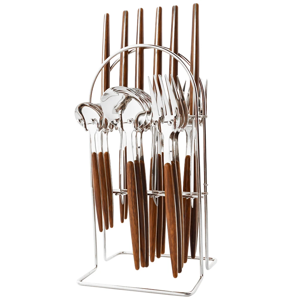 24pcs Luxury Ceramic Wood Handle Dinnerware Set Stainless Steel Tableware Knife Fork Tea Spoon Flatware Set Kitchen Cutlery Set