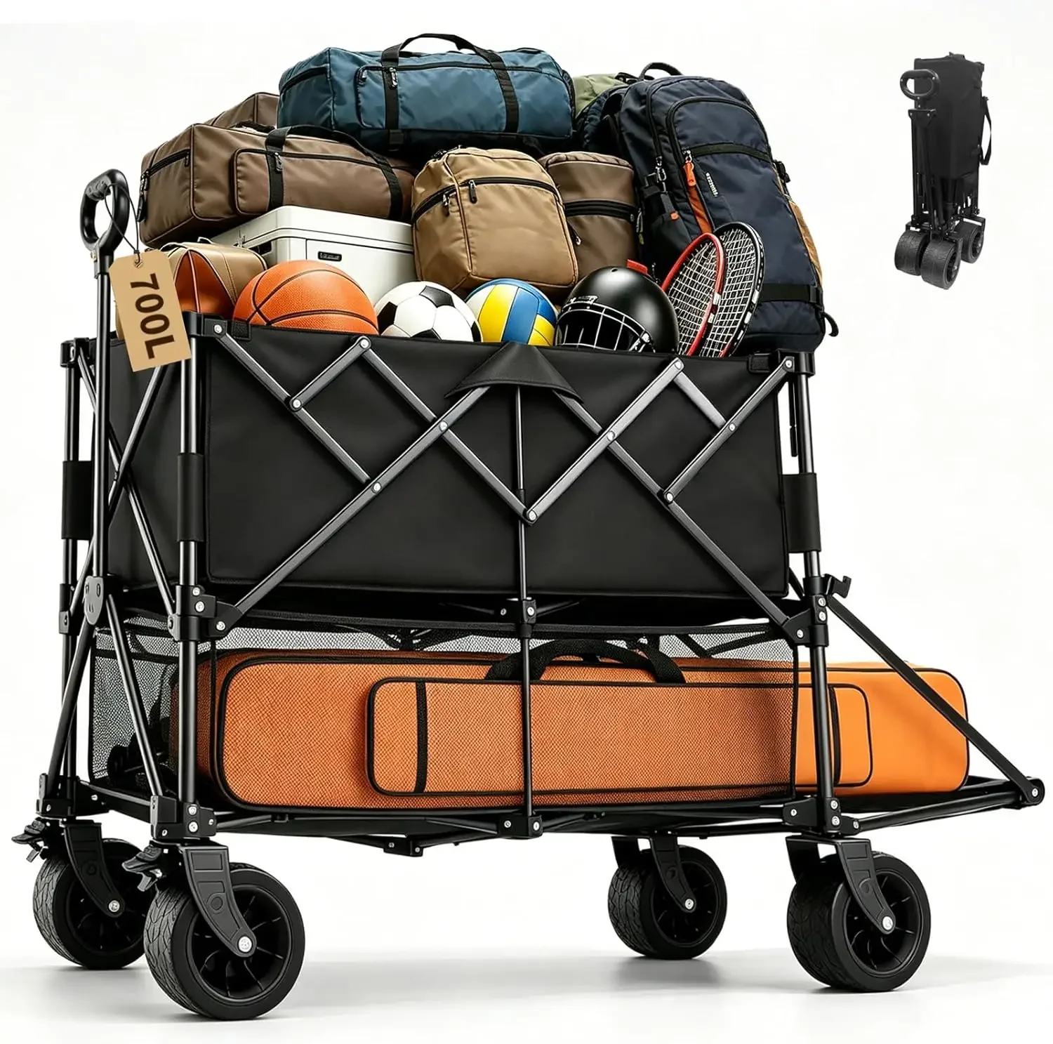 

700L Large Capacity Double Decker Wagon Collapsible Wagon with Tailgate 55'' Extra Long, Foldable 600lbs Heavy Duty Beach Cart w