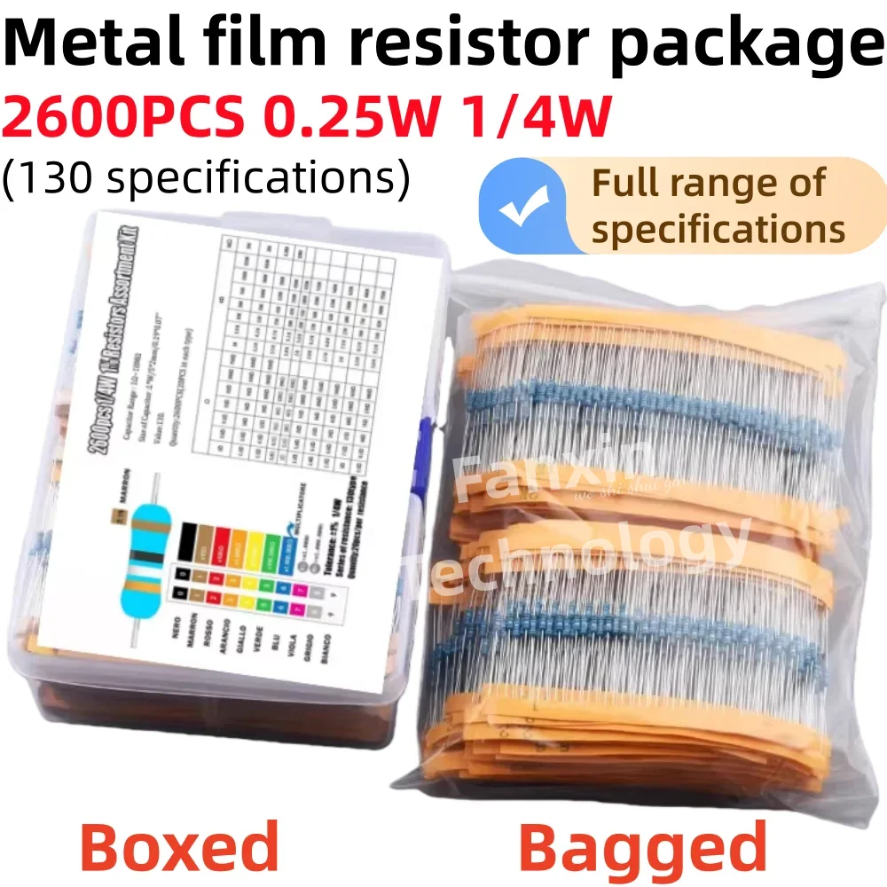

2600-600 шт., 130 значений, 1/4 Вт, 0,25 Вт, 1%, металлопленочные резисторы, набор в упаковке, набор резисторов, наборы фиксированных резисторов