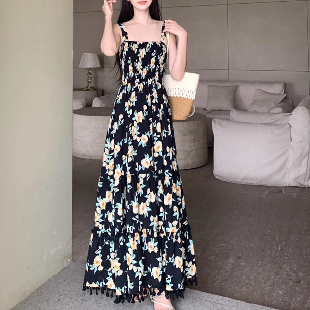 ハイウエスト花柄プリントマキシ丈サマーシンベールオープンカーディガンセット大きいサイズビーチウェア韓国風Aラインドレス