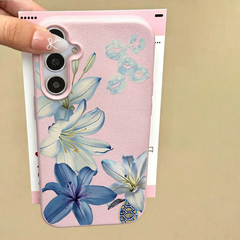 Lily Hibiscus Flower Case For Samsung A57 5G A56 A55 A17 A37 A54 A53 A35 A36 A34 A26 A16 A07 A06 Lychee Texture Phone Case Cover