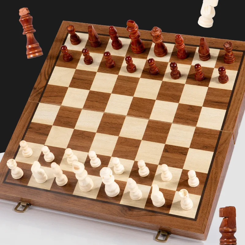 Premium Wooden Folding Chess Set, Solid Black Walnut Wood, Magnetic Chess Pieces, 2-in-1 Chess & Checkers Game