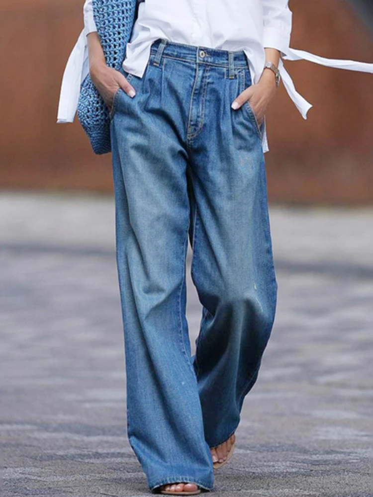 Women Jeans Distressed Wide Leg Pants Denim Loose High Waist Pockets Washing Zipper Fly Spring 2024 Solid Color Full Length