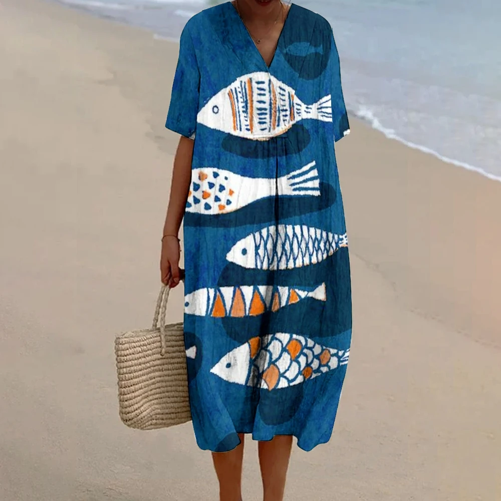 Sardines Fish Print Dress Women 2024 Maxi Baggy Dress Vintage V Neck A-line Elegant Dresses Luxury Brand Linen Beach Skirt