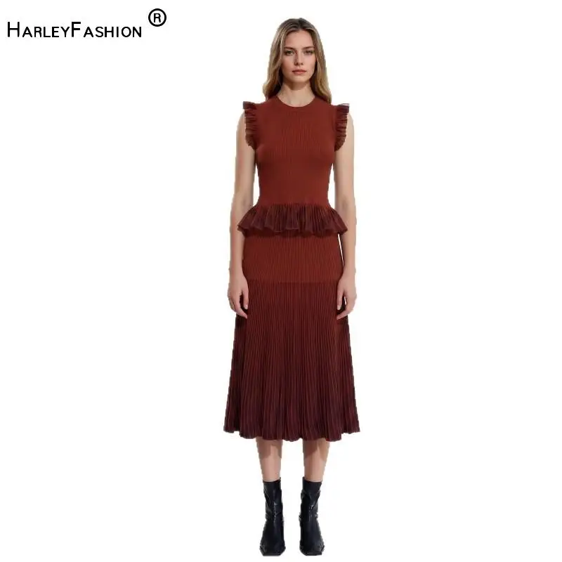 

2026 Summer Lady Fashion Suit O-neck Sleeveless Slim Tops Fit And Flared Midi Skirt Women Solid Ribbed Knit 2pcs
