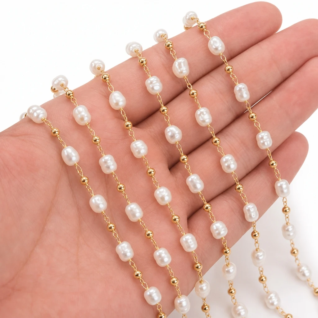 0.5m/1m Gold Pearl Beads Chains Faux Pearls Beaded Gold Plated Brass Cable Link Chain Bulk for Jewelry Making DIY Craft
