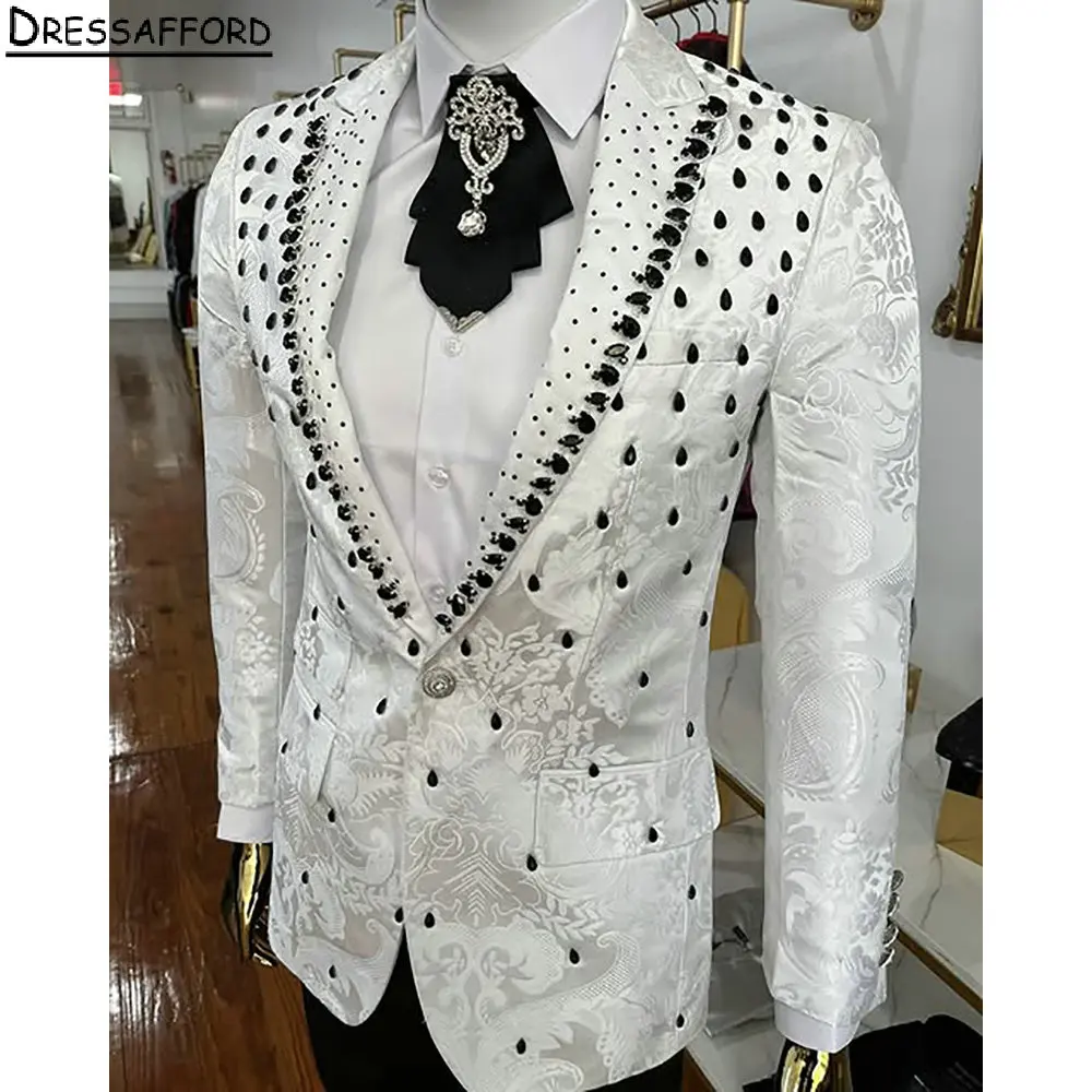 

White Jacquard Men Suits For Wedding Black Crystal Groom Tuxedos 2 Pieces Jacket Pants Prom Blazers Customized