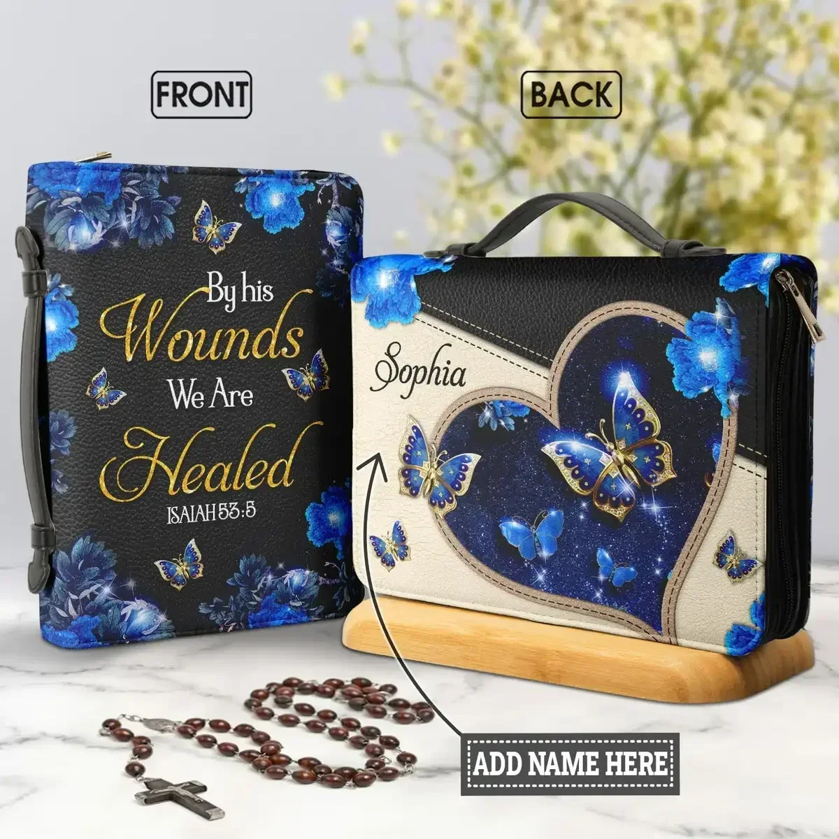 

Luxury Butterflies Bible Poetry Print Bible Cover Case Women's Bible Storage Bag Pu Leather Zippered Handbag Holy Storage Boxes