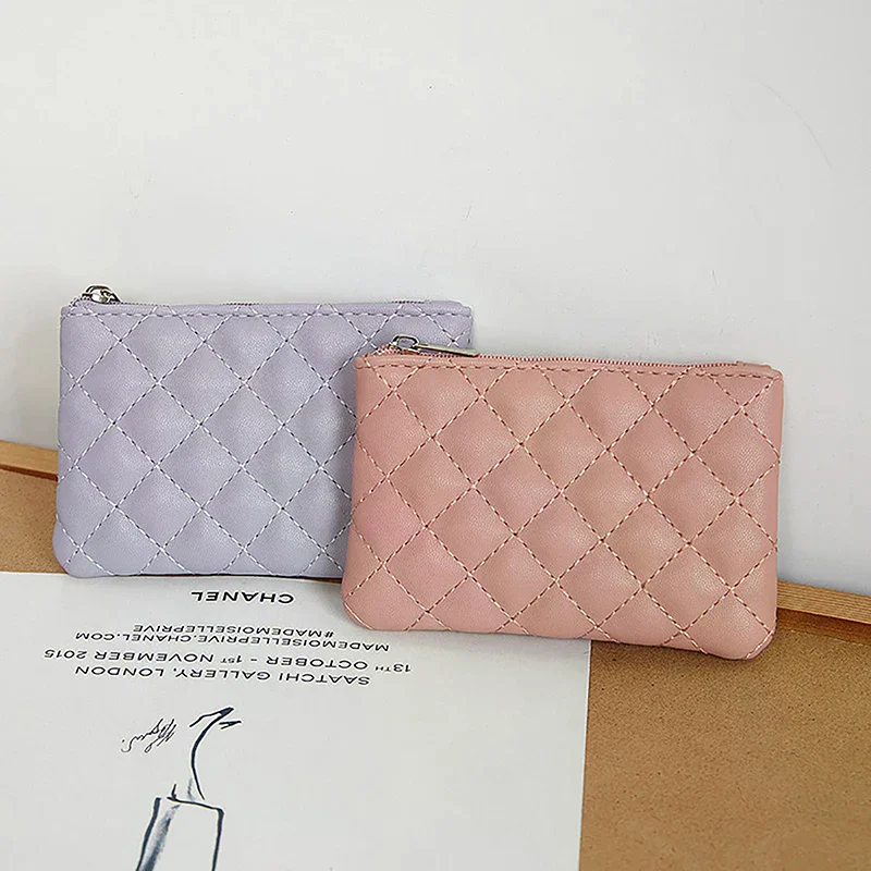 Women's Small Coin Purse PU Leather Zipper Wallet Fashion Slim Pocket Lattice Printed Business Card Holder Organizer Bag