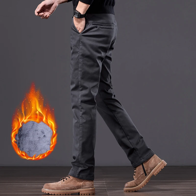 Size 28-38 Winter Warm Casual Pants Men\'s Straight Business Fleece Trousers Classic Brand Stretch Leisure Work Male Thick Pants