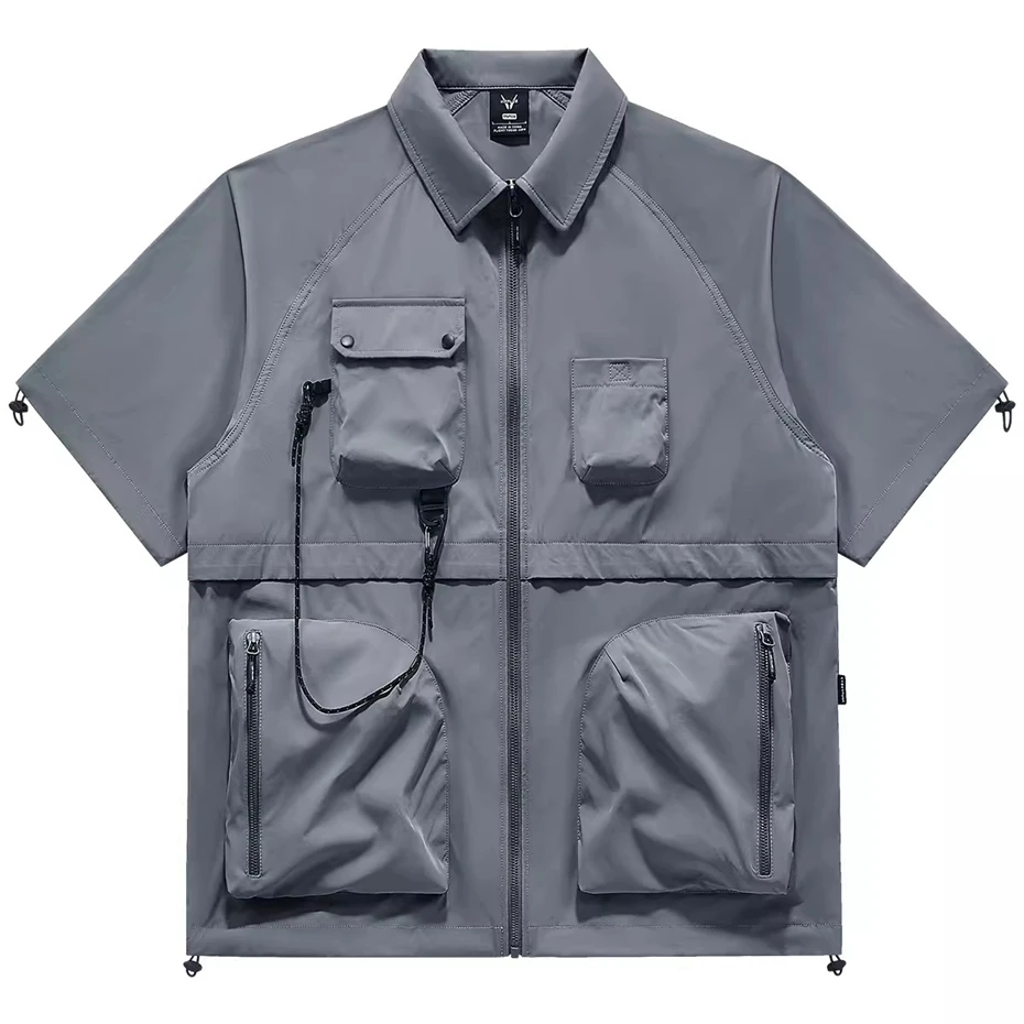 Cargo Shirt Männer Sommer Kurzarm Shirts mehrere Taschen Techwear taktische Reiß verschluss Tops Streetwear Shirts männlich