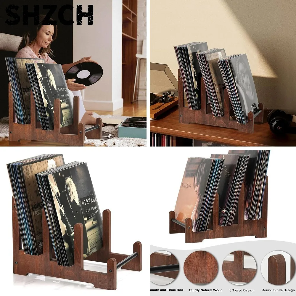 Vintage Wooden Record Holder & CD Storage Stand, Portable Iron Display for Vinyl Records