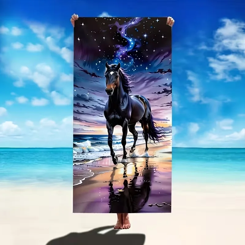 Starry Sky Black Horse Seaside Print Beach Towel Pool Towel Summer Vacation Outdoor Swimming Bath Shower Blanket